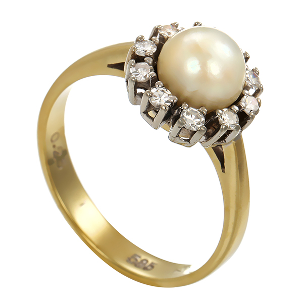 Ring, 14K, Gelb-/Weißgold, Diamanten, Perle