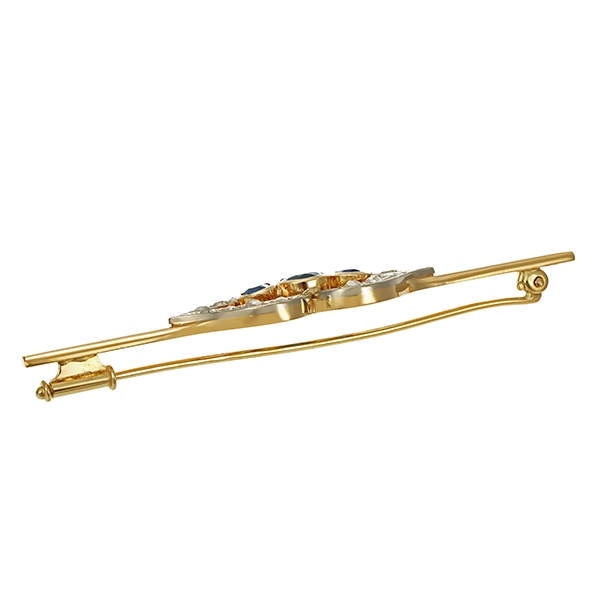 Brosche, 14K, Gelb-/Weißgold, Saphire, Diamantrosen