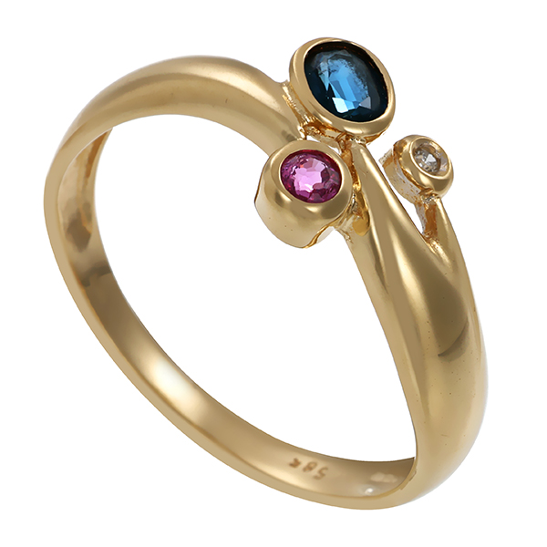 Ring, 14K, Gelbgold, Saphir, Rubin, Diamant