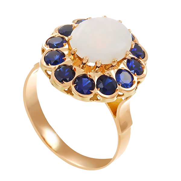 Ring, 14K, Gelbgold, Opal, synth. Saphir
