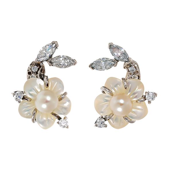 Ohrringe, 14K, Weißgold, Perlmutt, Zirkonia