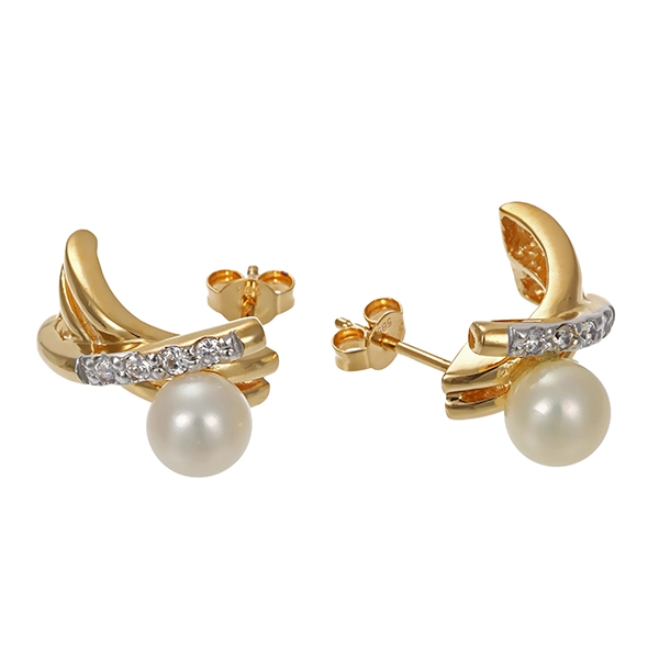 Steckcreolen, 14K, Gelbgold, Perlen, Zirkonia