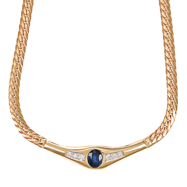 Collier, 14K, Gelbgold, Saphir, Brillanten