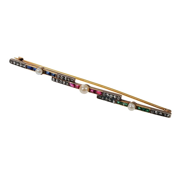 Brosche, 14K, Gelbgold, Diamantrosen, Rubin, Smaragd