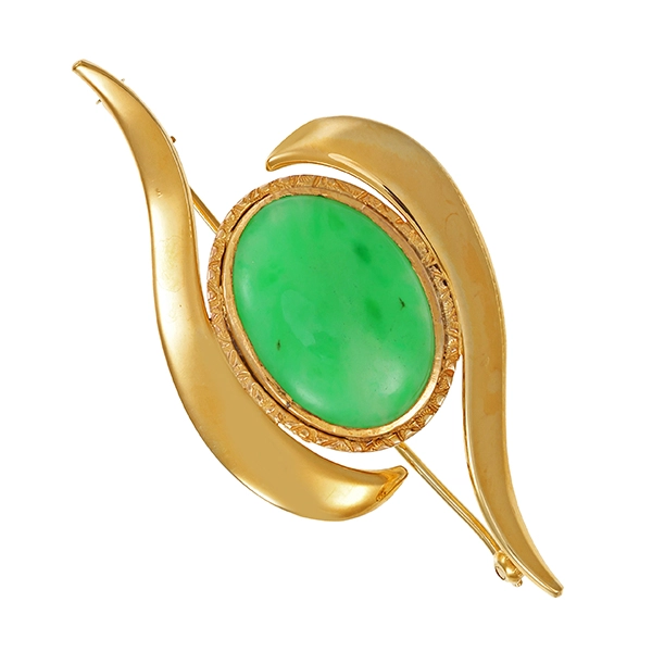 Brosche, 14K, Gelbgold, Jade