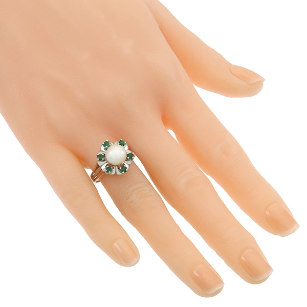Ring, 14K, Weißgold, Perle, Smaragde
