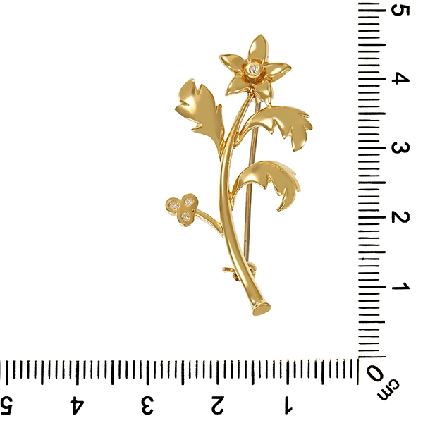 Brosche, 14K, Gelbgold, Diamanten, Blume
