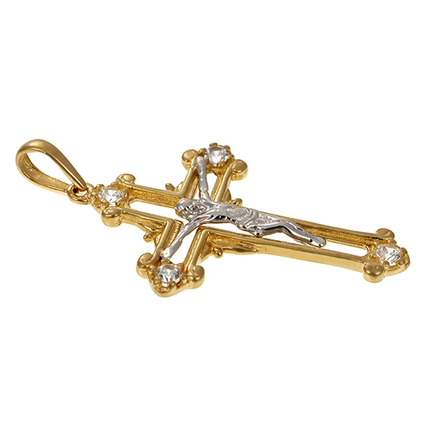 Anhänger, 14K, Gelb-/Weißgold, Zirkonia, Kruzifix, Kreuz