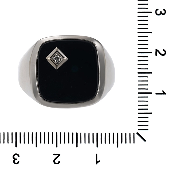 Herrenring, 14K, Weißgold, Onyx, Diamant