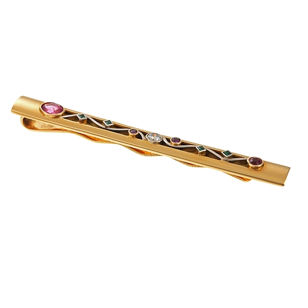 Krawattenhalter, 18K, Gelbgold, Turmalin, Smaragd, Brillant, Rubin