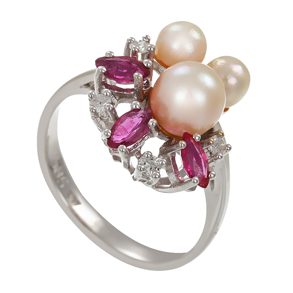 Ring, 14K, Weißgold, Perle, Rubin, Diamant