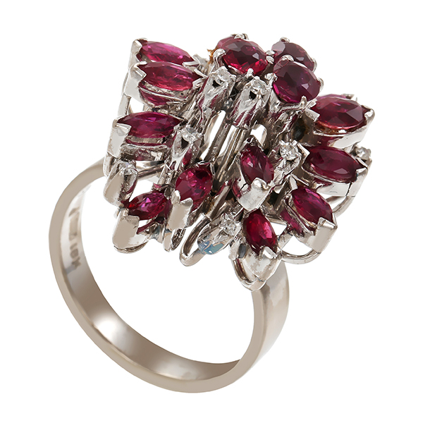 Ring, 14K, Weißgold, Rubine, Diamanten