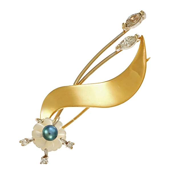 Brosche, 14K, Gelb-/Weißgold, Zirkonia, Perlmutt