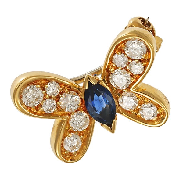 Brosche, 18K, Gelb-/Weißgold, Brillanten, Saphir