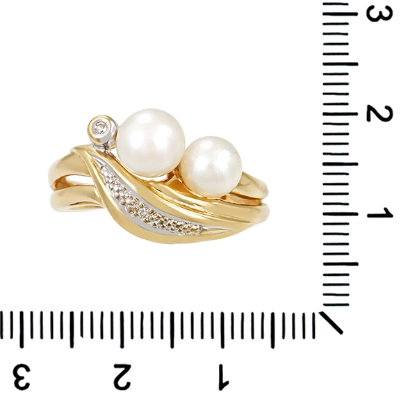 Ring, 14K, Gelb-/Weißgold, Perlen, Diamanten