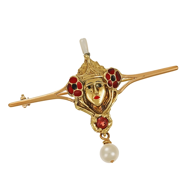Brosche, 14K, Perlen, Granat, Perlen, Emaille
