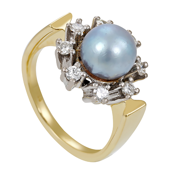 Ring, 14K, Gelb-/Weißgold, Perle, Brillanten