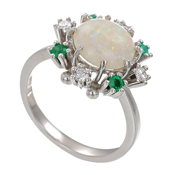 Ring, 14K, Weißgold, Brillant, Smaragd, synth. Opal
