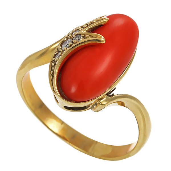 Ring, 14K, Gelbgold, Koralle, Diamanten