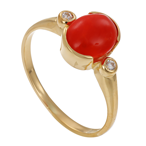 Ring, 14K, Gelbgold, Koralle, Zirkonia