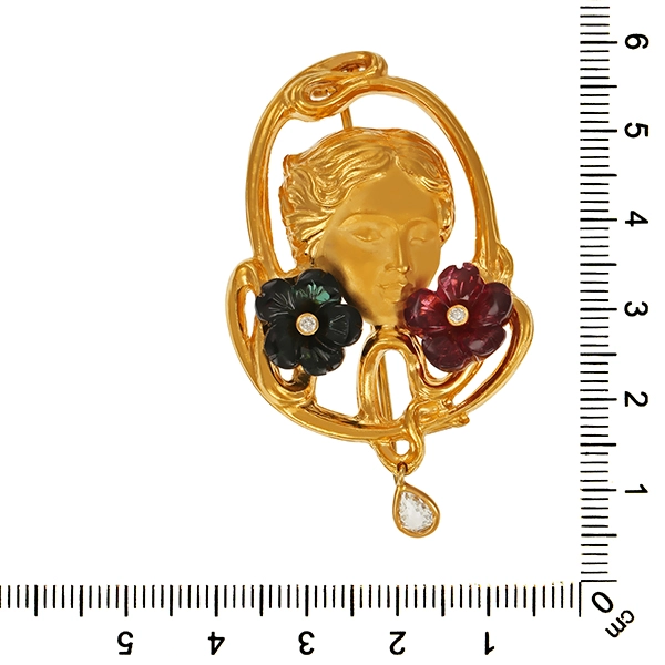 Brosche, 18K, Gelbgold, Brillanten, Diamantrose, Turmaline