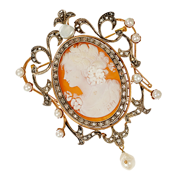 Anhänger, 14K, Gelbgold, 800, Silber, Gemme, Perlen, Diamanten