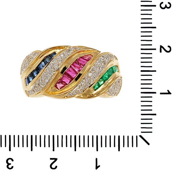 Ring, 18K, Gelbgold, Rubin, Smaragd, Saphir, Diamanten