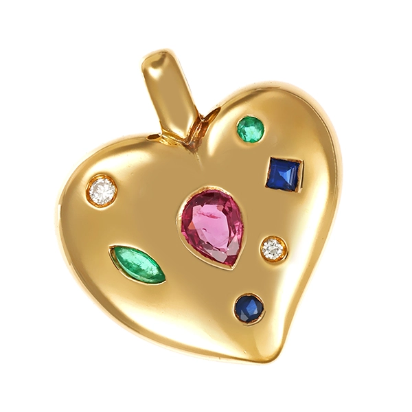Anhänger, 18K, Gelbgold, 1 rubin, 2 Smaragd, 2 Saphire, 2 Brillanten