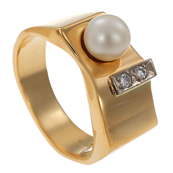 Ring, 14K, Gelb-/Weißgold, Perle, Diamanten