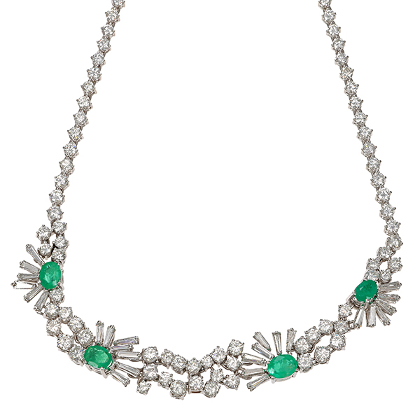 Collier, 950 Pt, Brillanten, Diamanten, Smaragde