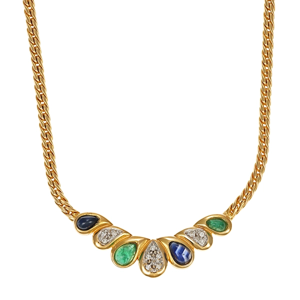 Collier, 14K, Gelb-/Weißgold, Brillanten, Smaragd, Saphir