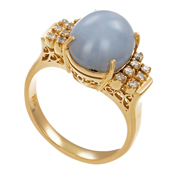 Ring, 18K, Gelbgold, Brillanten, synthetischer Sternsaphir