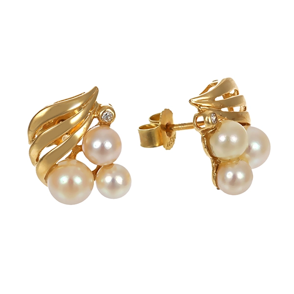 Ohrringe, 14K, Gelbgold, Perlen, Diamant