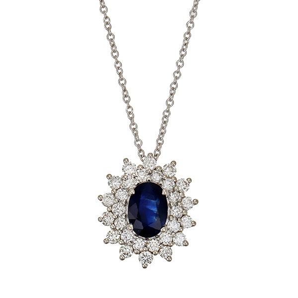 Collier, 14K, Weißgold, Saphir, Brillanten
