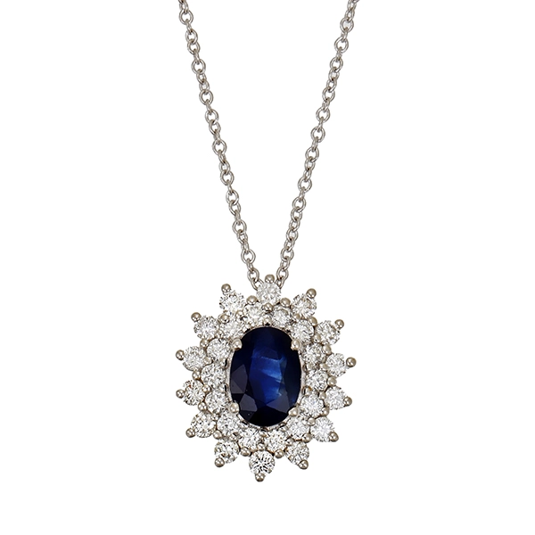 Collier, 14K, Weißgold, Saphir, Brillanten