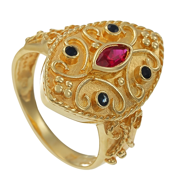 Ring, 14K, Gelbgold, Rubin, Saphir