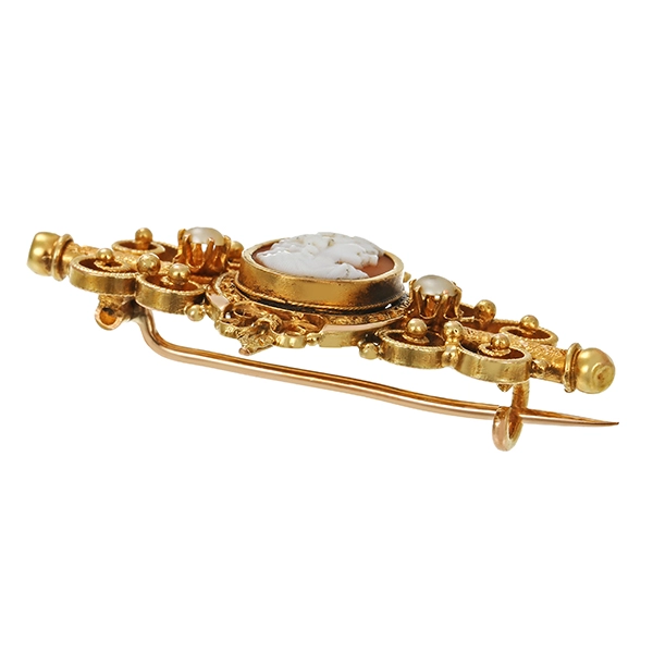 Brosche, 14K, Gelbgold, Anik, Gemme, Perlen