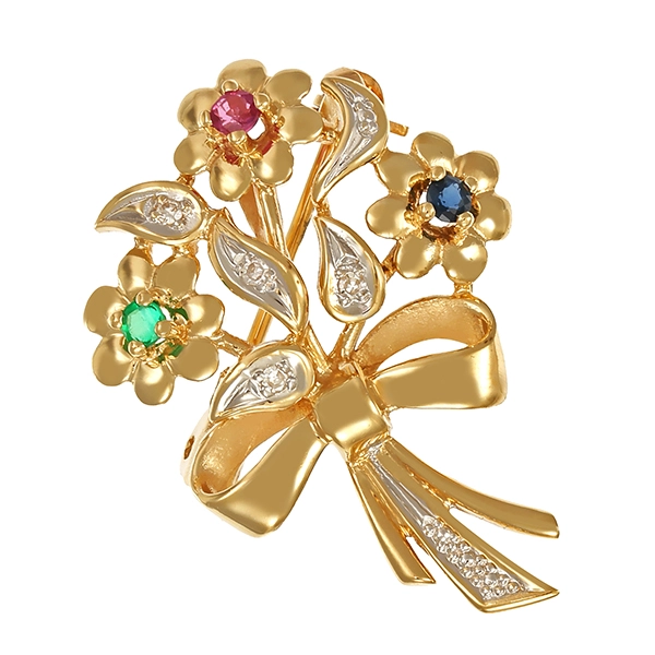Brosche, 14K, Gelb-/Weißgold, Rubin, Saphir, Smaragd, Diamanten