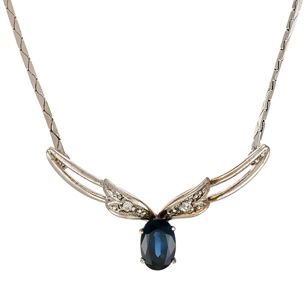 Collier, 8K, Weißgold, Saphir, Diamant