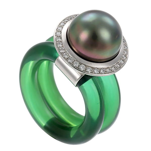 Ring, 18K, Weißgold, Perle, Brillanten, Kautschuk