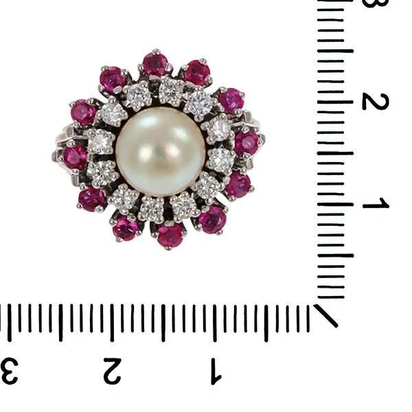 Ring, 14K, Weißgold, Perle, Rubine, Brillanten
