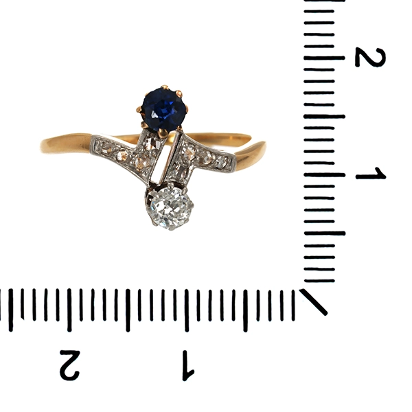 Ring, 14K, Gelb-/Weißgold, Saphir, Diamant