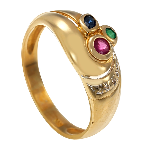 Ring, 14K, Gelb-/Weißgold, Rubin, Saphir, Smaragd, Diamanten