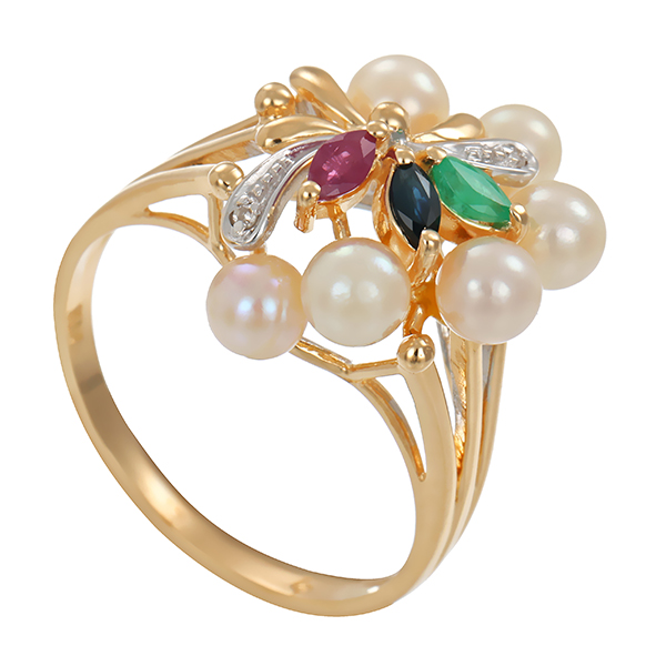 Ring, 14K, Gelbgold, Perle, Rubin, Saphir, Smaragd, 2 diamanten