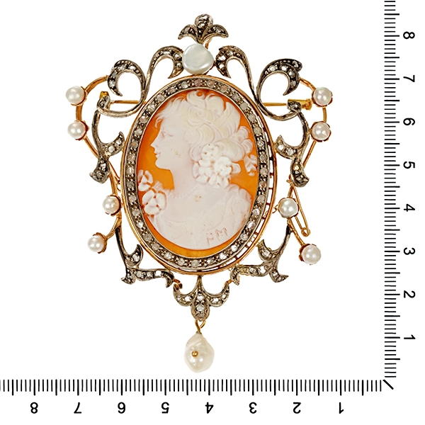 Anhänger, 14K, Gelbgold, 800, Silber, Gemme, Perlen, Diamanten