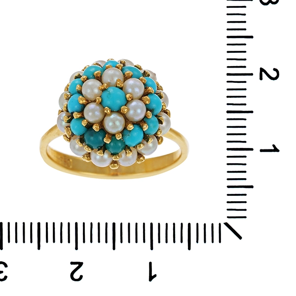 Ring, 18K, Gelbgold, Türkis, Perlen