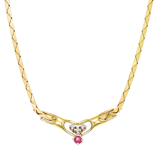 Collier, 14K, Gelbgold, Rubin, Diamanten