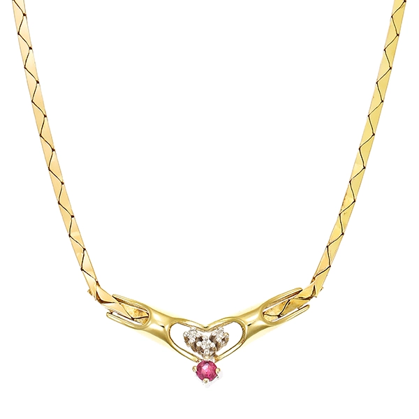 Collier, 14K, Gelbgold, Rubin, Diamanten