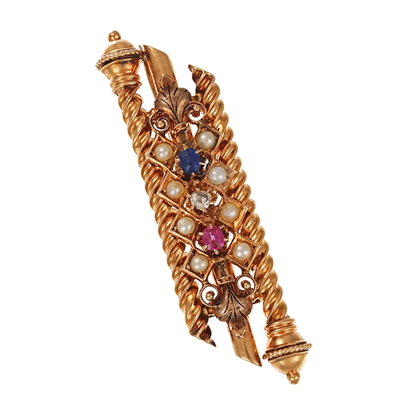 Brosche, 14K, Rotgold, Perlen, Rubin, Saphir, Antik