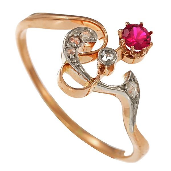 Ring, 14K, Rot-/Weißgold, Diamantrosen, Rubin